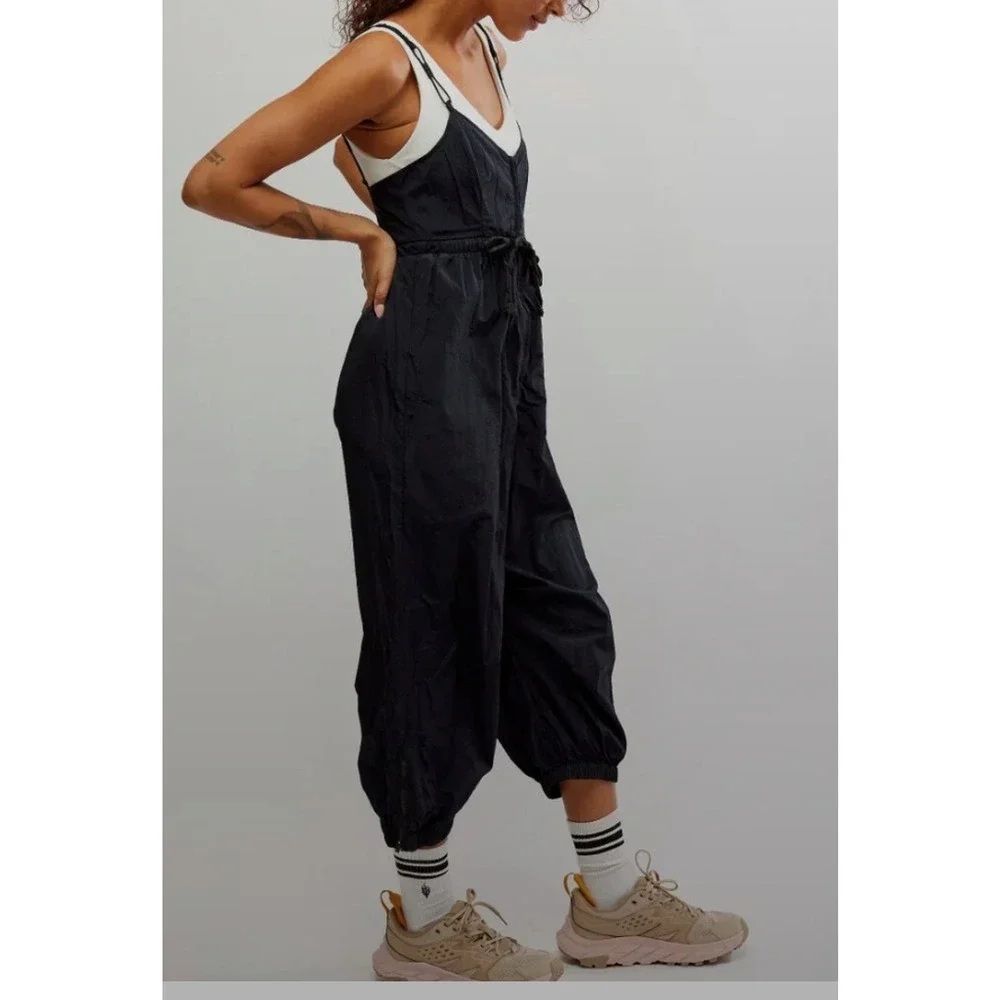 NEW FREE PEOPLE FP MOVEMENT BLACK DOWN TO EARTH NYLON ONE PIECE JUMPSUIT SZ S